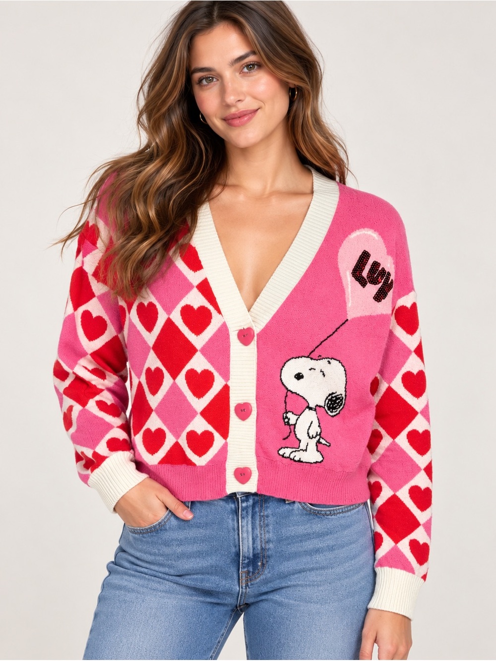 Peanuts Pink & Red Heart-Print V-Neck Cardigan Sweater NWT Size XS